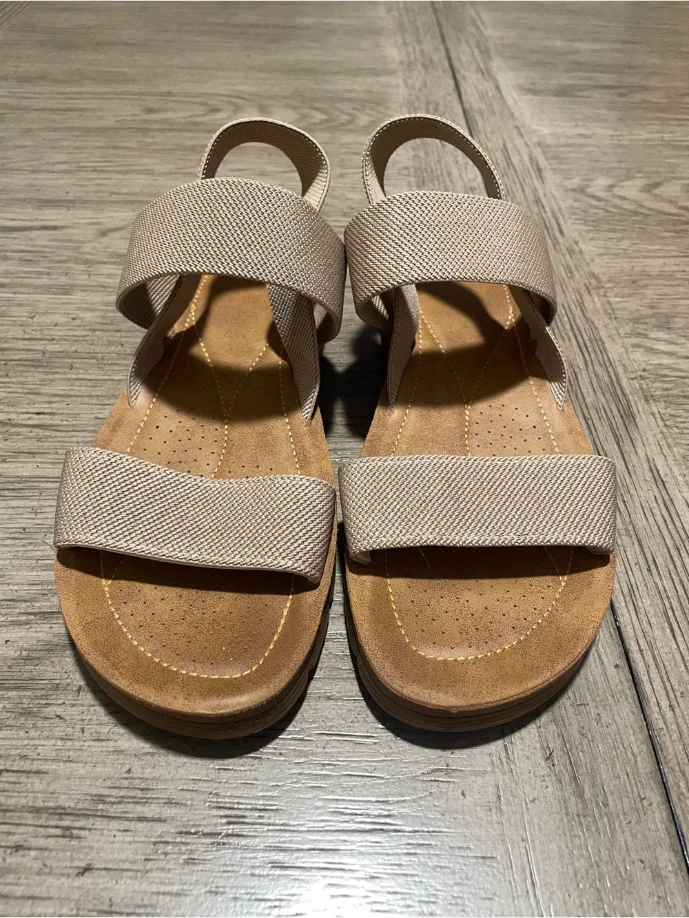 Sandals with heel strap, tan/beige, women’s size 9.